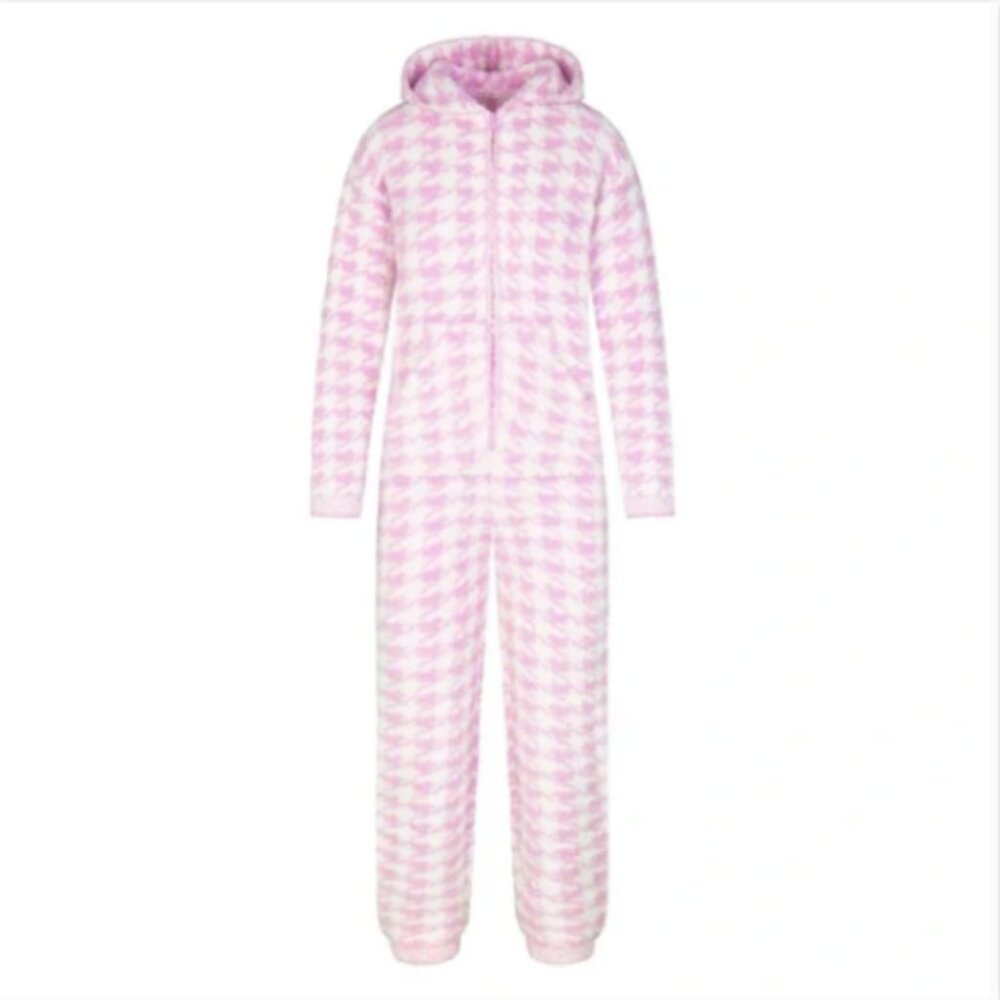 Skims Cozy Knit Jumpsuit Onesie Pajama in Petal Houndstooth #78G